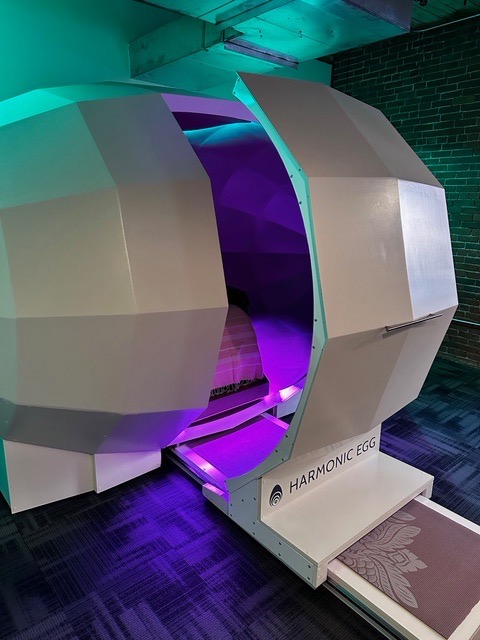 The Harmonic Egg with door open showing violet interior light