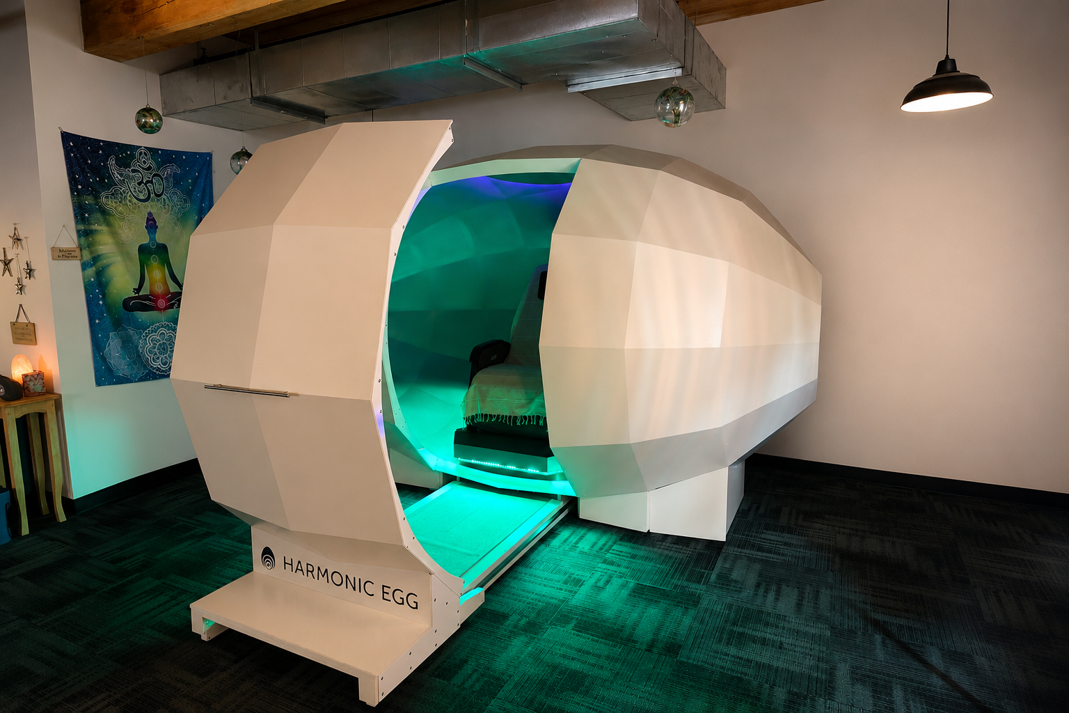 The Harmonic Egg chamber with door open and teal interior glow