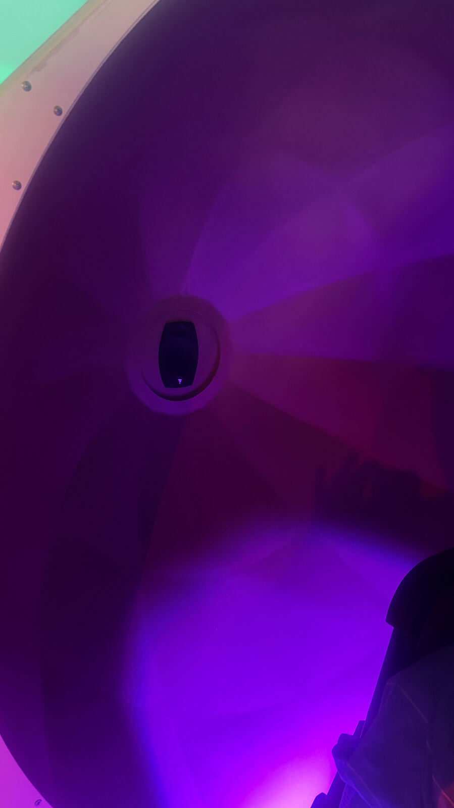 Inside the violet-lit dome of the Harmonic Egg® at Harmonic Egg Saco